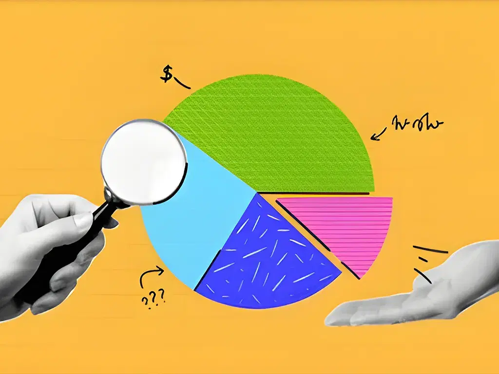 Circle divided by 4 and filled with different colors. Each color represents a different service. The circle is surrounded by a yellow background